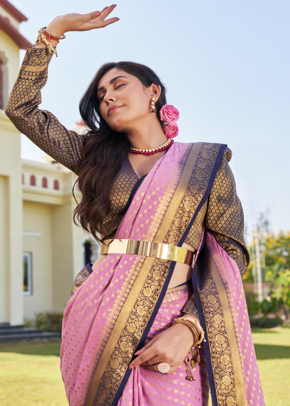 Neon Pink Zari Woven Georgette Saree