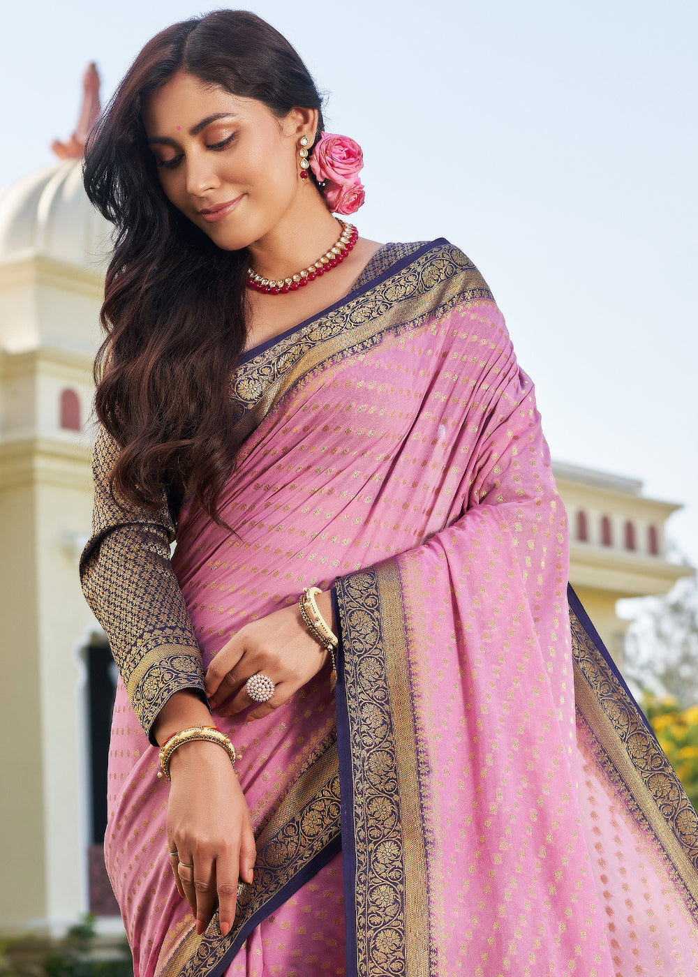 Neon Pink Zari Woven Georgette Saree