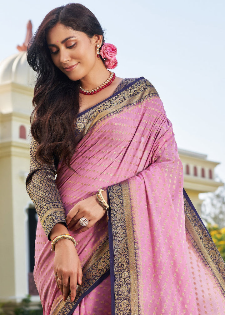 Neon Pink Zari Woven Georgette Saree