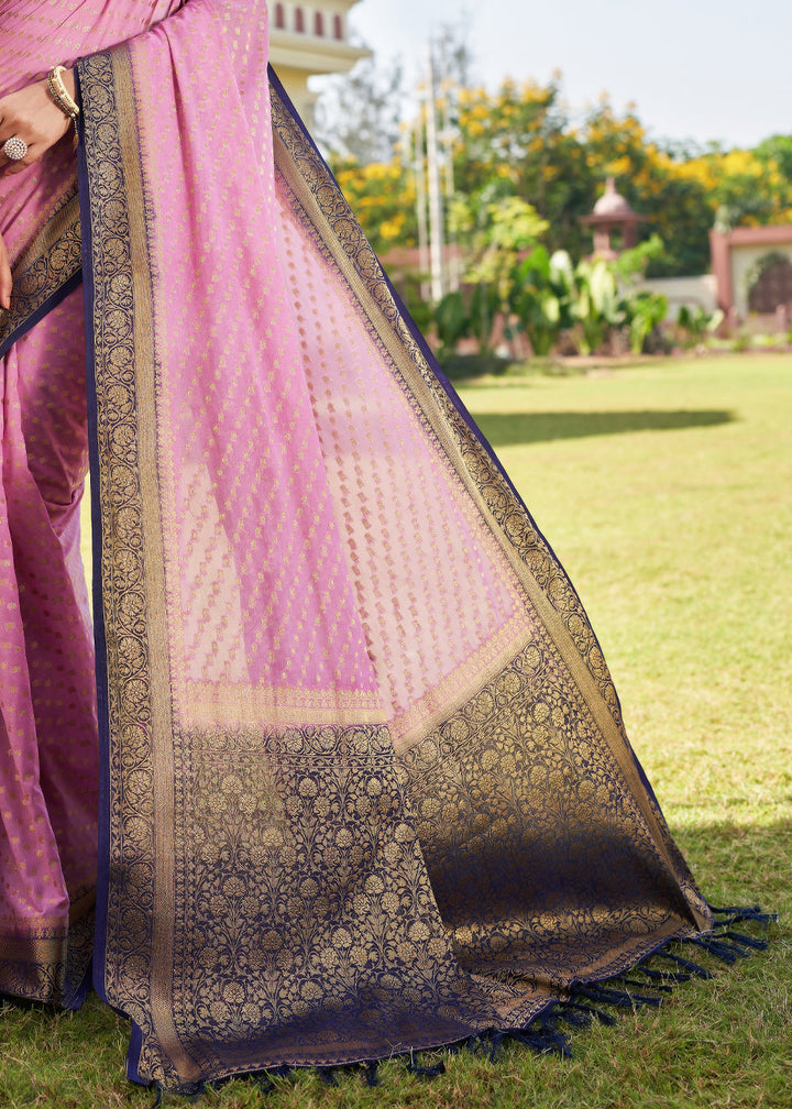 Neon Pink Zari Woven Georgette Saree