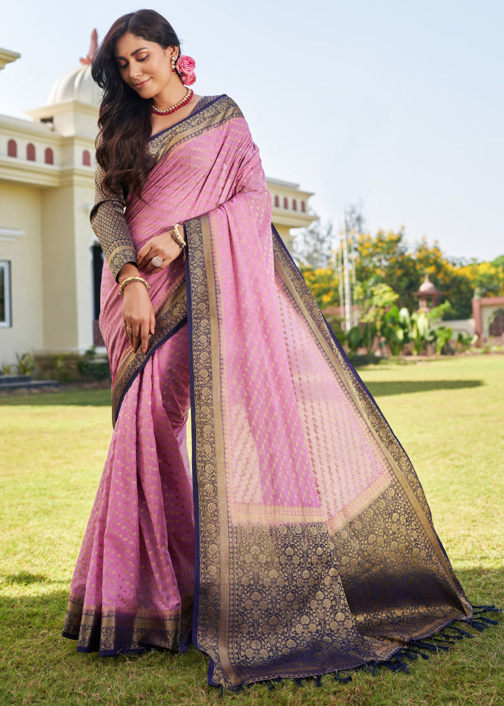 Neon Pink Zari Woven Georgette Saree