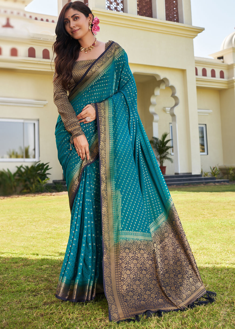 Star Command Blue Zari Woven Georgette Saree