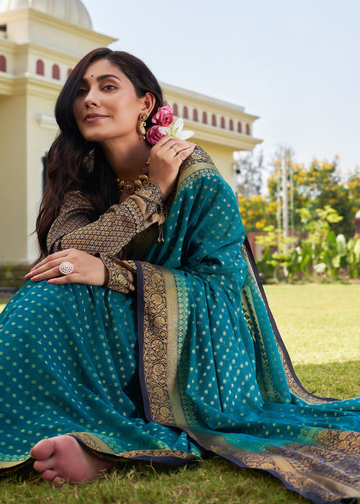 Star Command Blue Zari Woven Georgette Saree