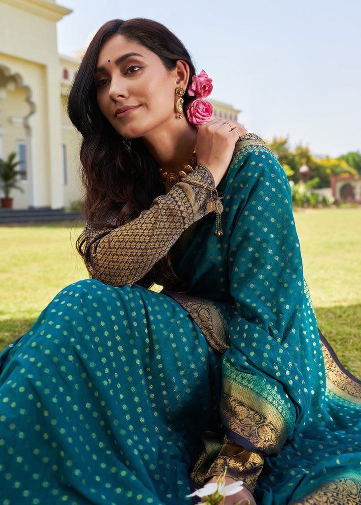 Star Command Blue Zari Woven Georgette Saree