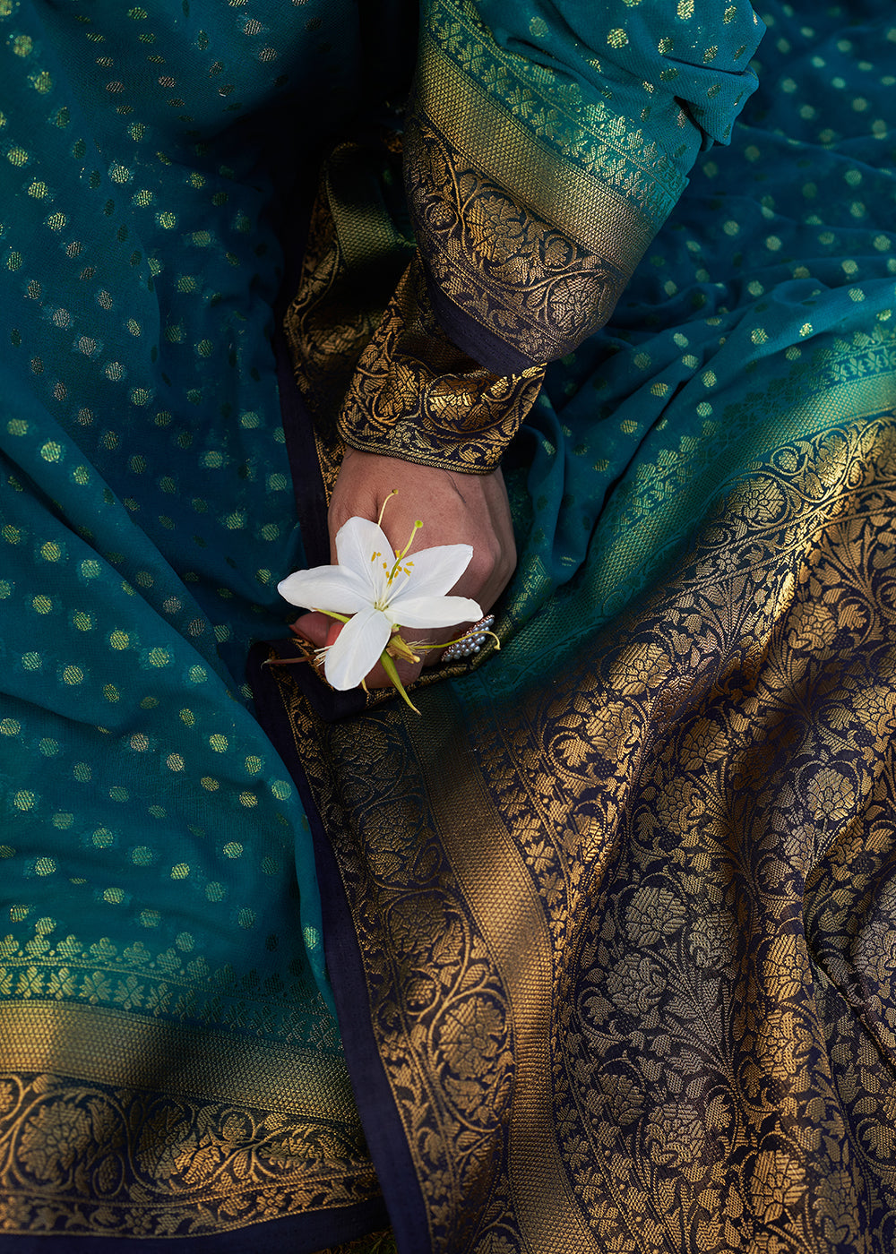 Star Command Blue Zari Woven Georgette Saree