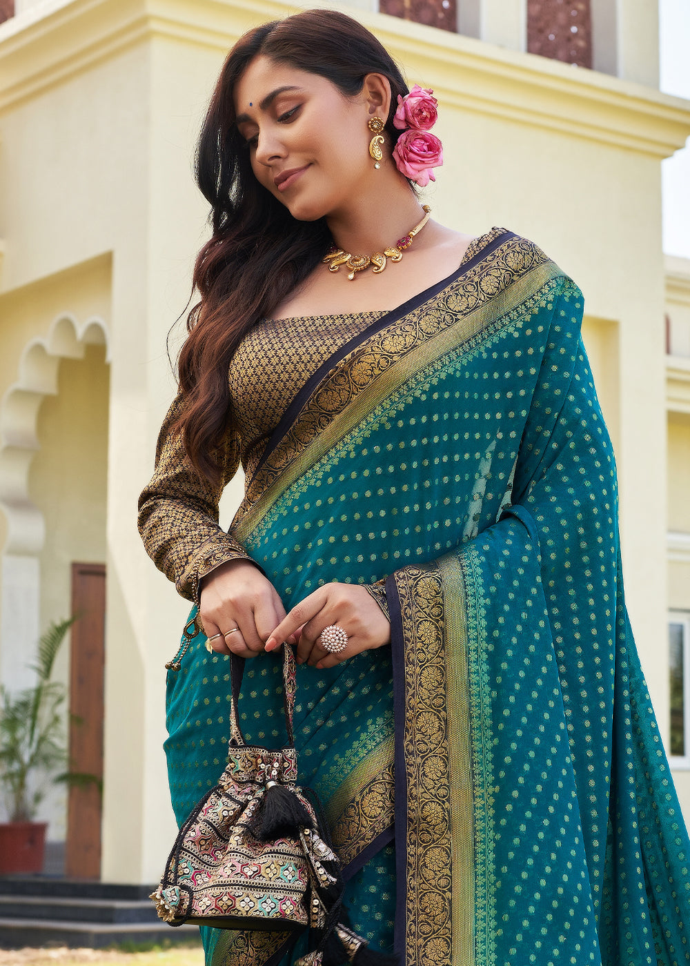 Star Command Blue Zari Woven Georgette Saree