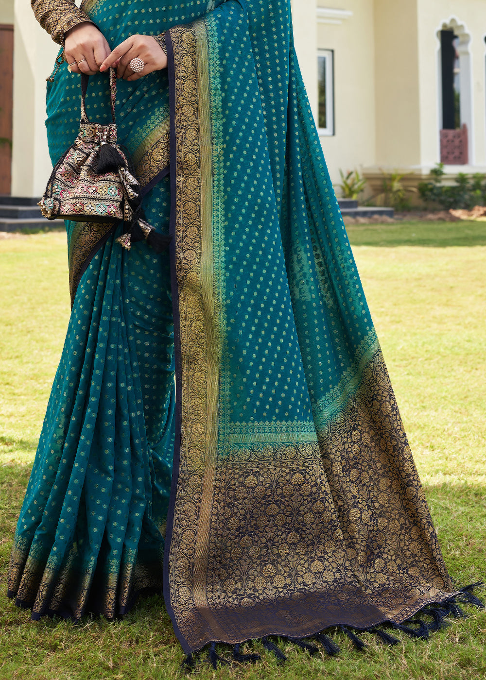 Star Command Blue Zari Woven Georgette Saree