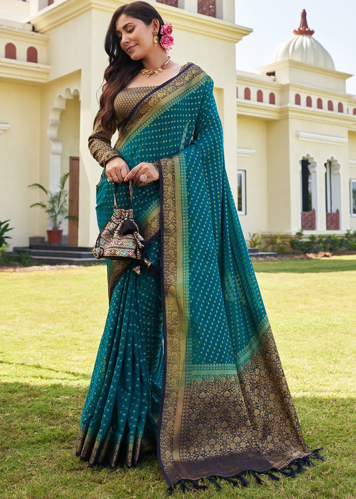 Star Command Blue Zari Woven Georgette Saree