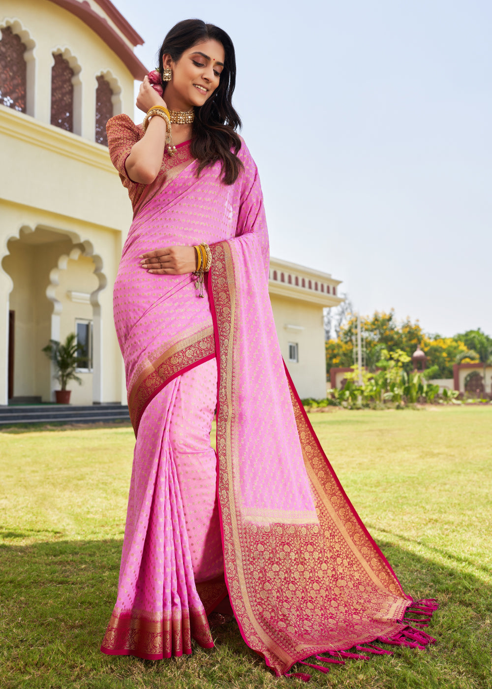 Rose Pink Zari Woven Georgette Saree