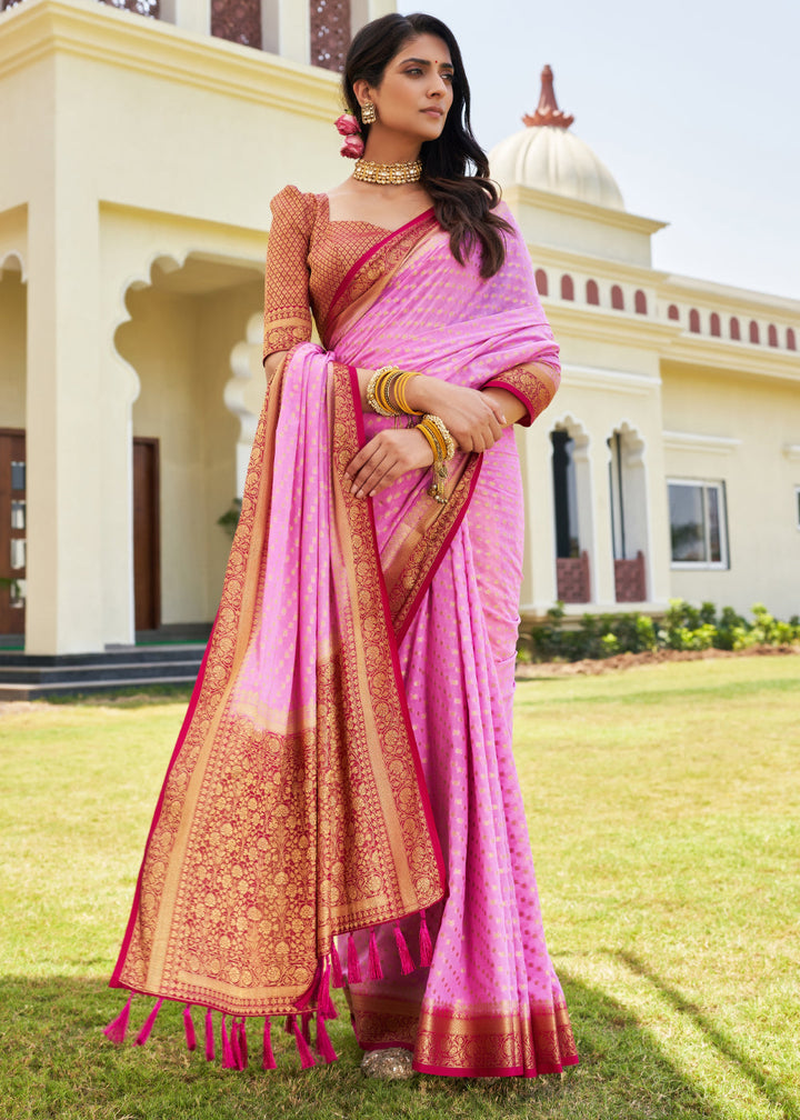 Rose Pink Zari Woven Georgette Saree