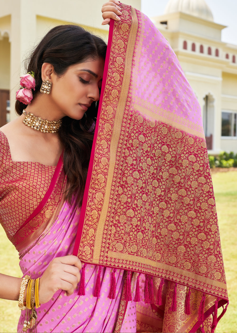 Rose Pink Zari Woven Georgette Saree