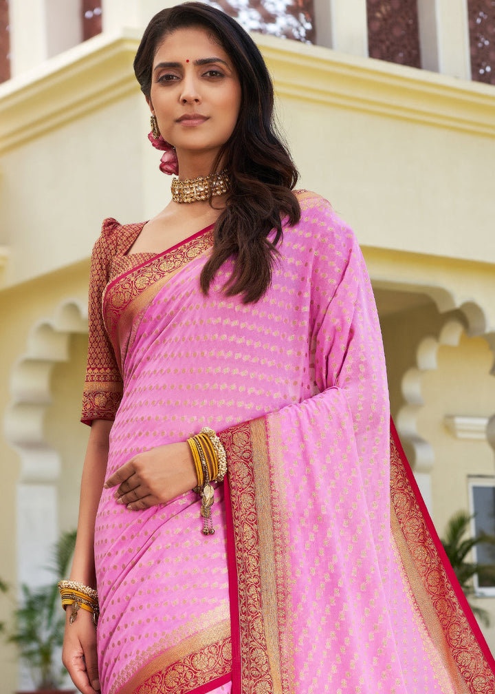 Rose Pink Zari Woven Georgette Saree