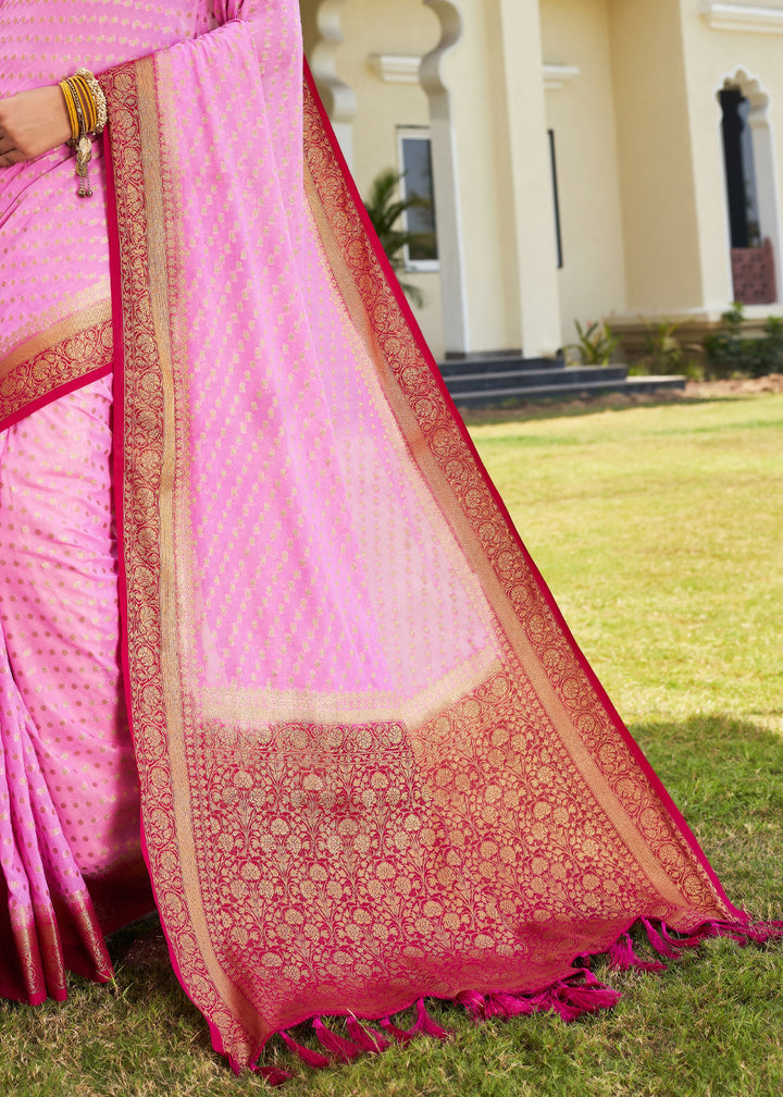 Rose Pink Zari Woven Georgette Saree