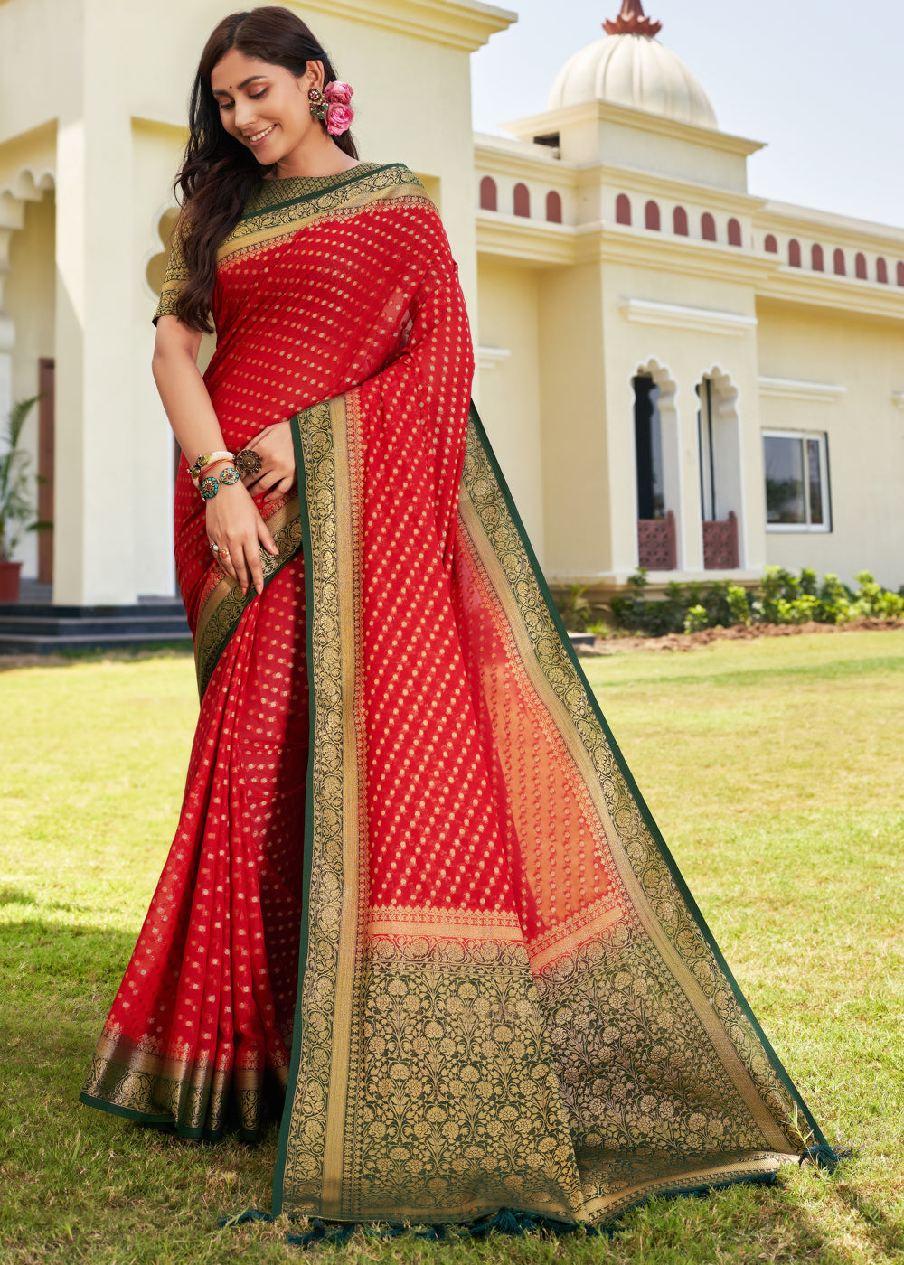 Bridal Red Zari Woven Georgette Saree with Contrast Blouse & Pallu