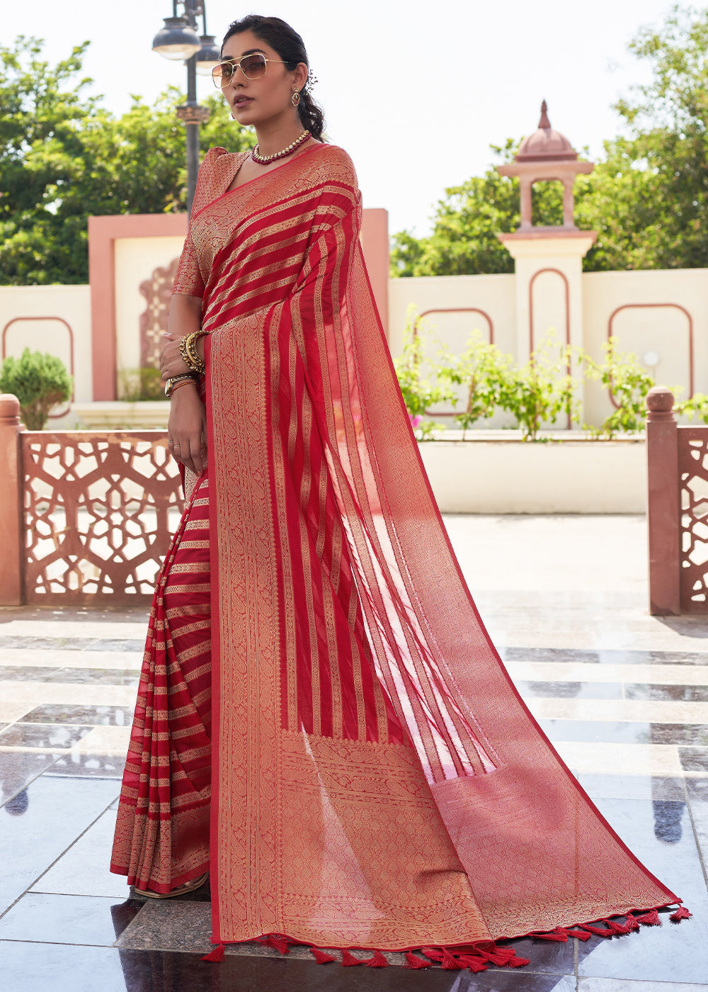 Crimson Red Leheriya Georgette Saree