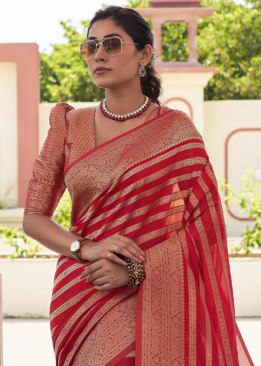Crimson Red Leheriya Georgette Saree