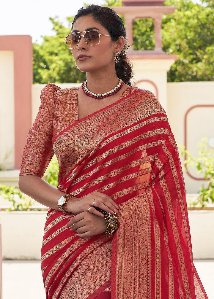 Crimson Red Leheriya Georgette Saree