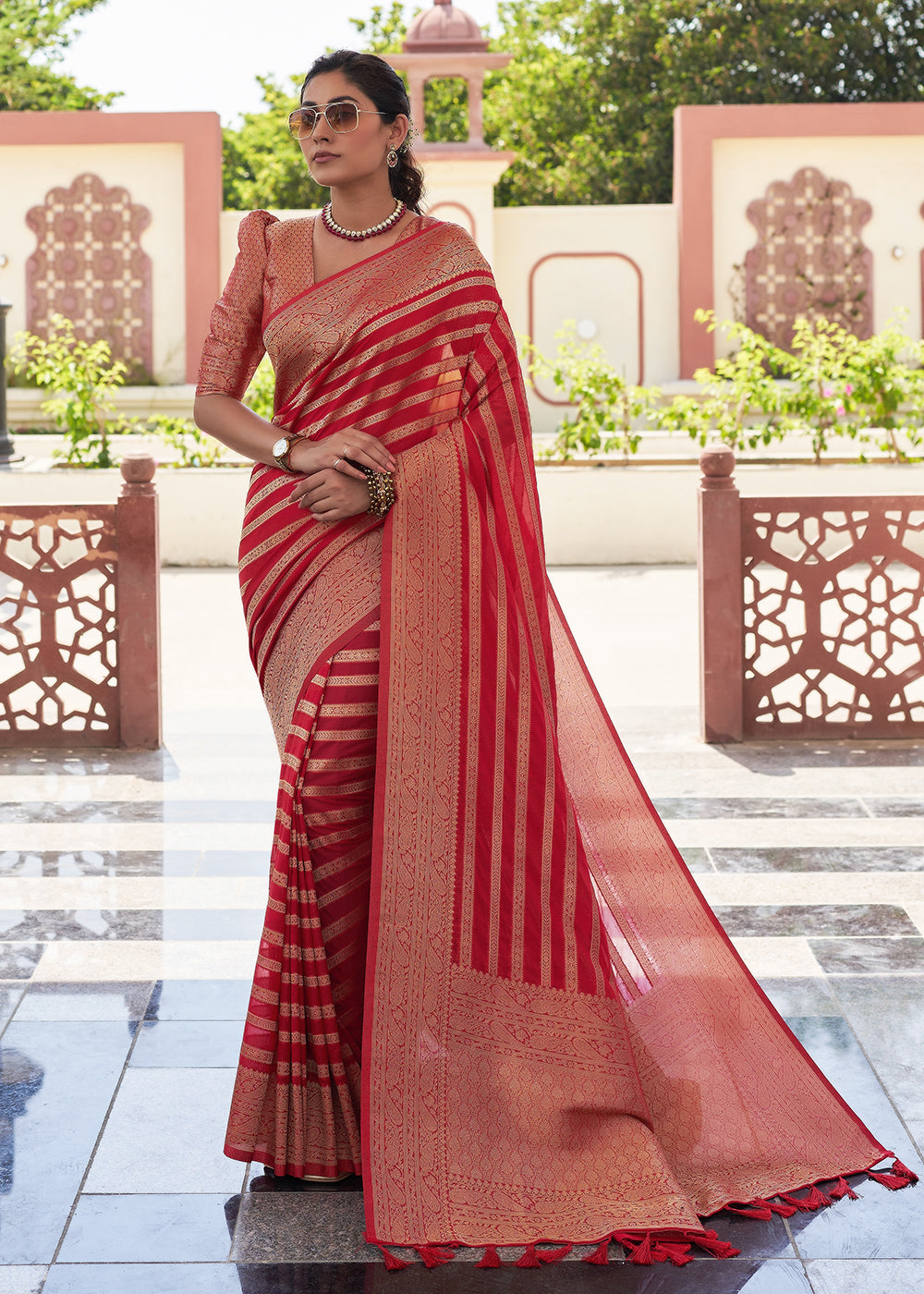 Crimson Red Leheriya Georgette Saree