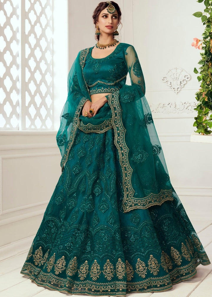 Teal Green Soft Net Lehenga Choli with Cording, Stonework, Thread & Zari Embroidery