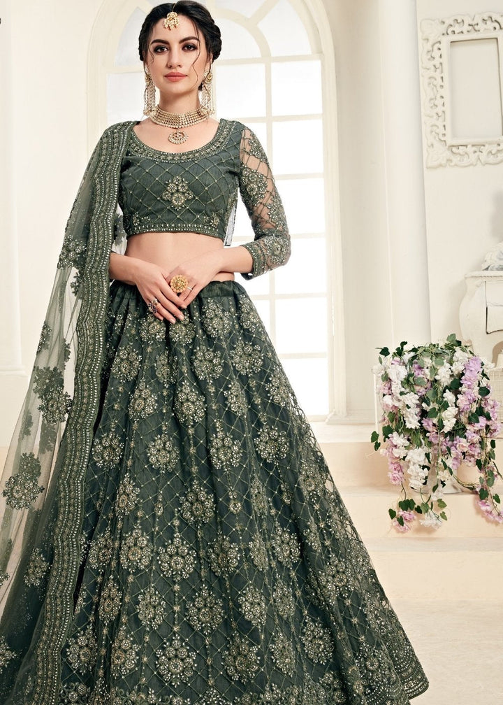 Mehendi Green Soft Net Lehenga Choli with Cording Embroidery & Stonework