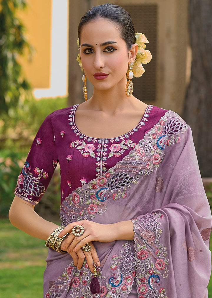 Light Lilac Purple Tissue Organza Silk with Embroidery Cut Work Border, Stone & Sequence work