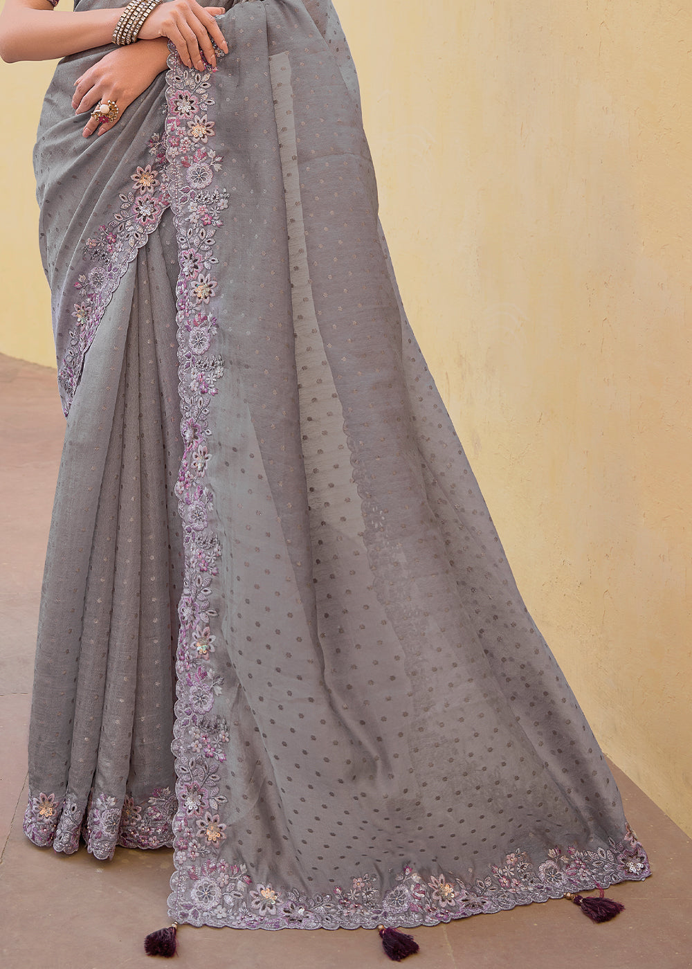 Seal Grey Tissue Organza Silk with Embroidery Cut Work Border, Stone & Sequence work