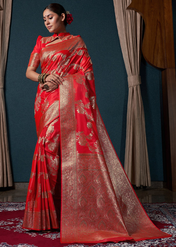 Ferrari Red Satin Silk Saree