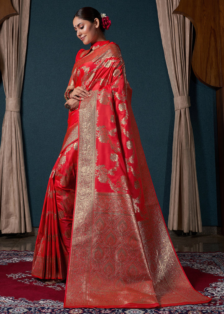 Ferrari Red Satin Silk Saree