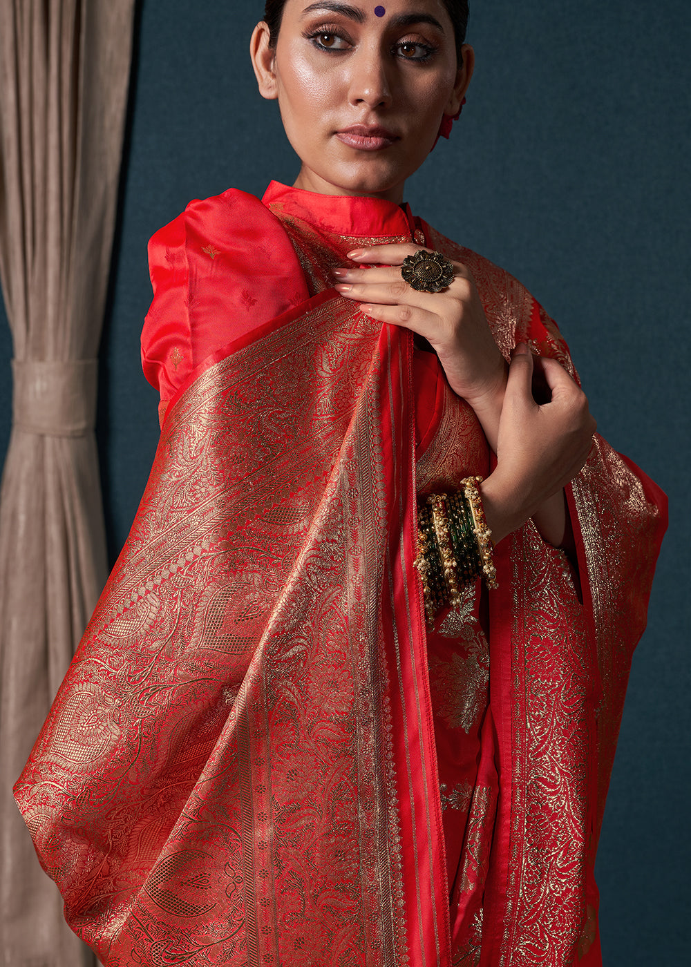 Ferrari Red Satin Silk Saree