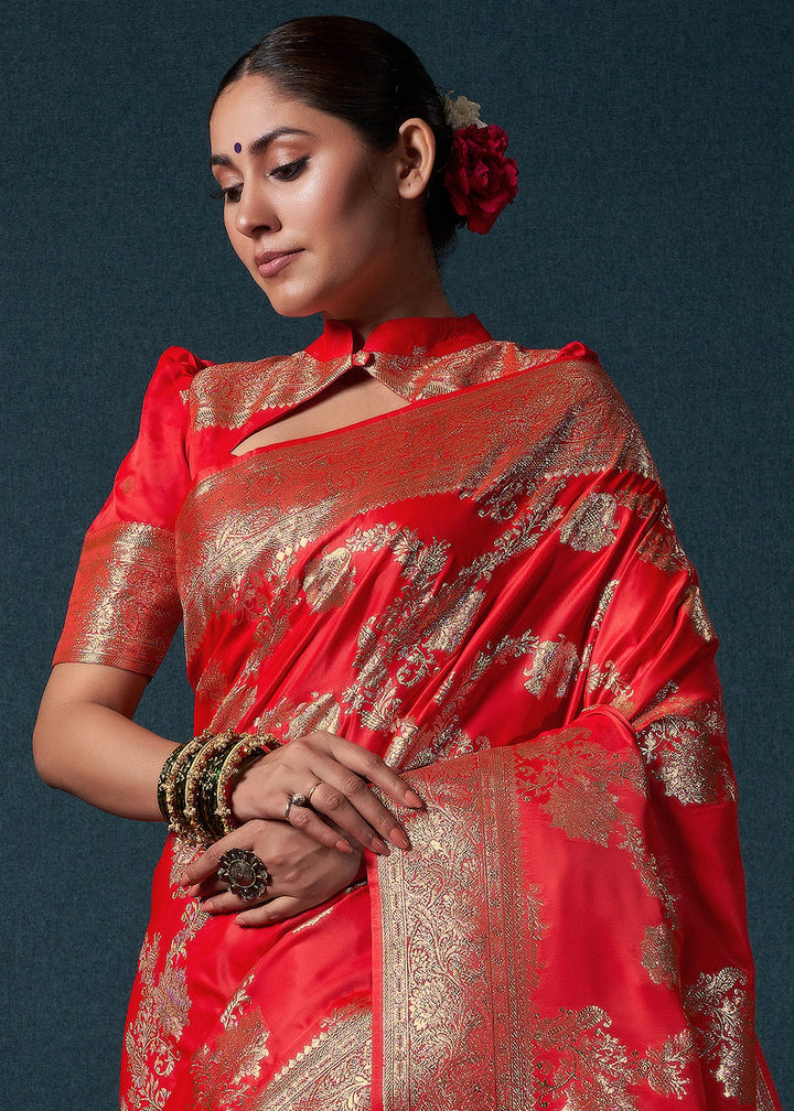 Ferrari Red Satin Silk Saree