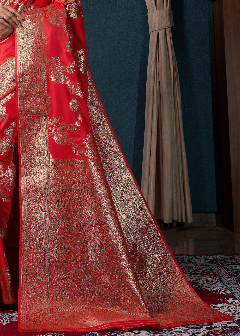 Ferrari Red Satin Silk Saree
