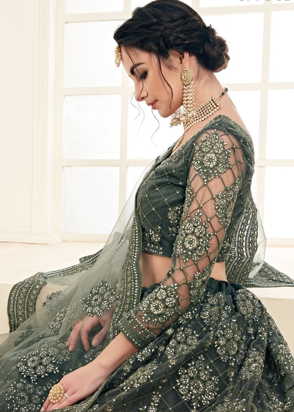 Mehendi Green Soft Net Lehenga Choli with Cording Embroidery & Stonework