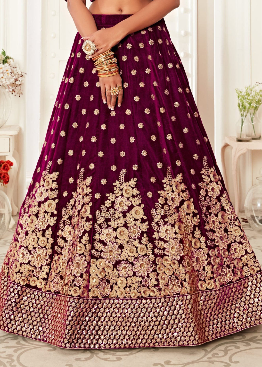 Purple Bridal Pure Velvet Zari And Sequins Embroidery Lehenga