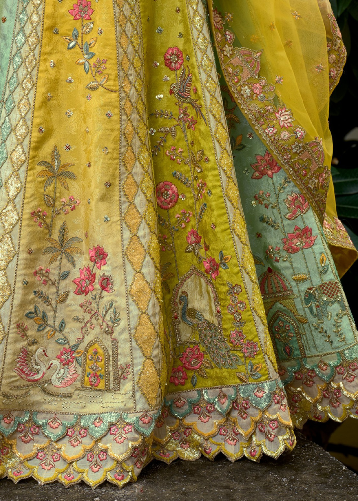 Olive Yellow Floral Silk Lehenga With Cut Work Border And Embroidery
