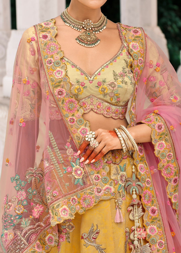 Corn Yellow Fancy Silk Lehenga Choli With Cut Work Embroidery Border & Stone Work