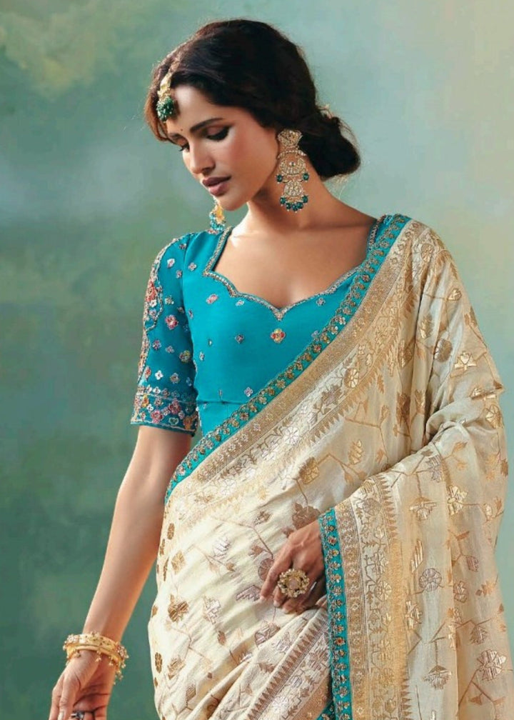 Off-White Viscose Dola Silk Saree