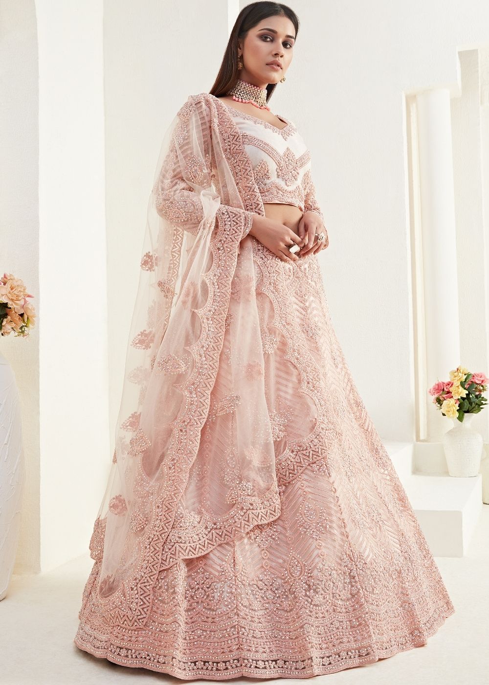 Peach Pink Soft Net Lehenga Choli with Coding Embroidery & Stonework