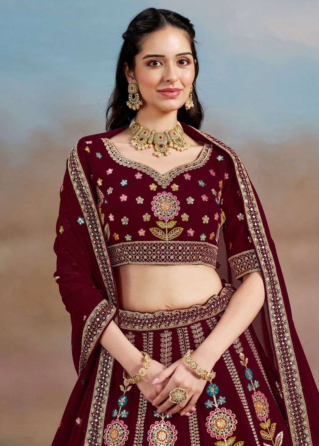 Maroon Georgette Lehenga With Dupatta