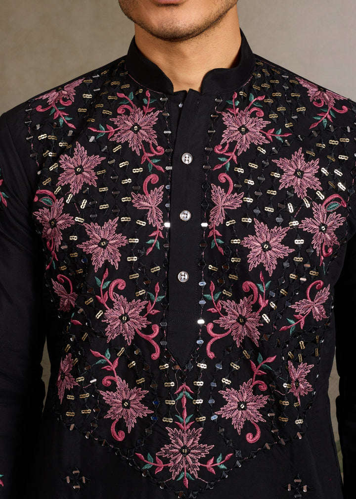 Deep Black Mens Wear Silk Kurta with Pant