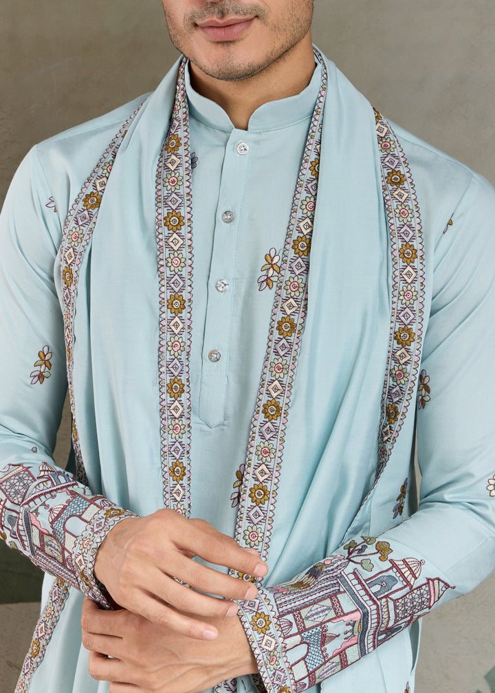 Light Blue Viscose Silk Kurta Set With Thread & Sequins Embroidered Work