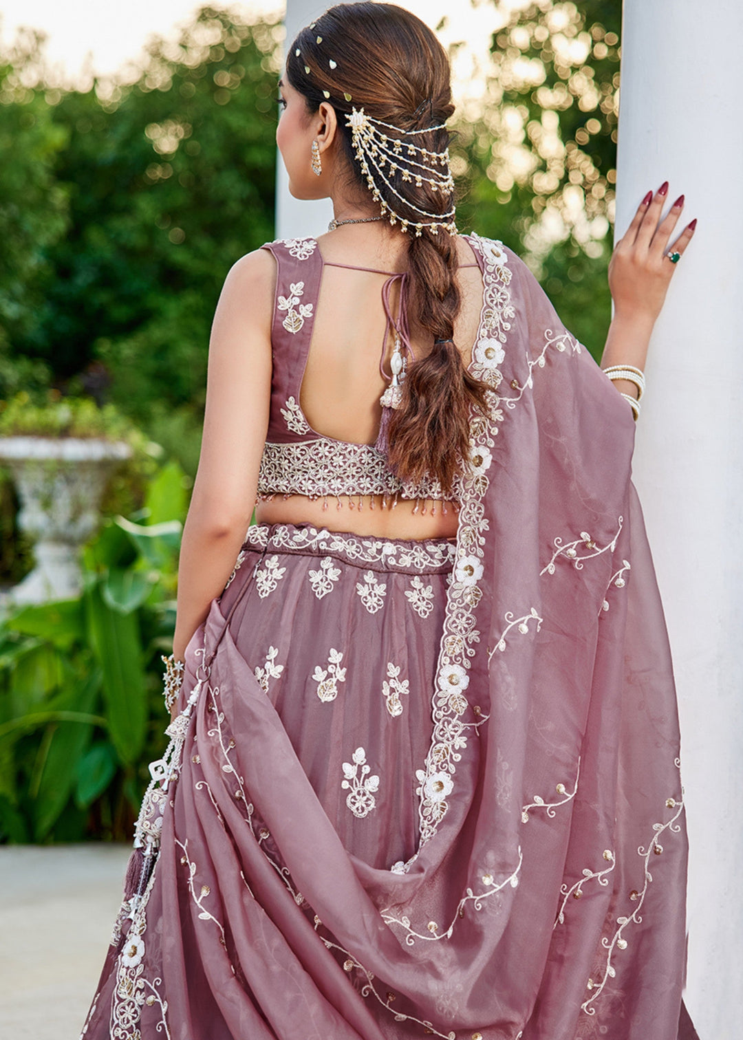 Lavender Organza Lehenga Choli with Beads & Sequince Embroidered