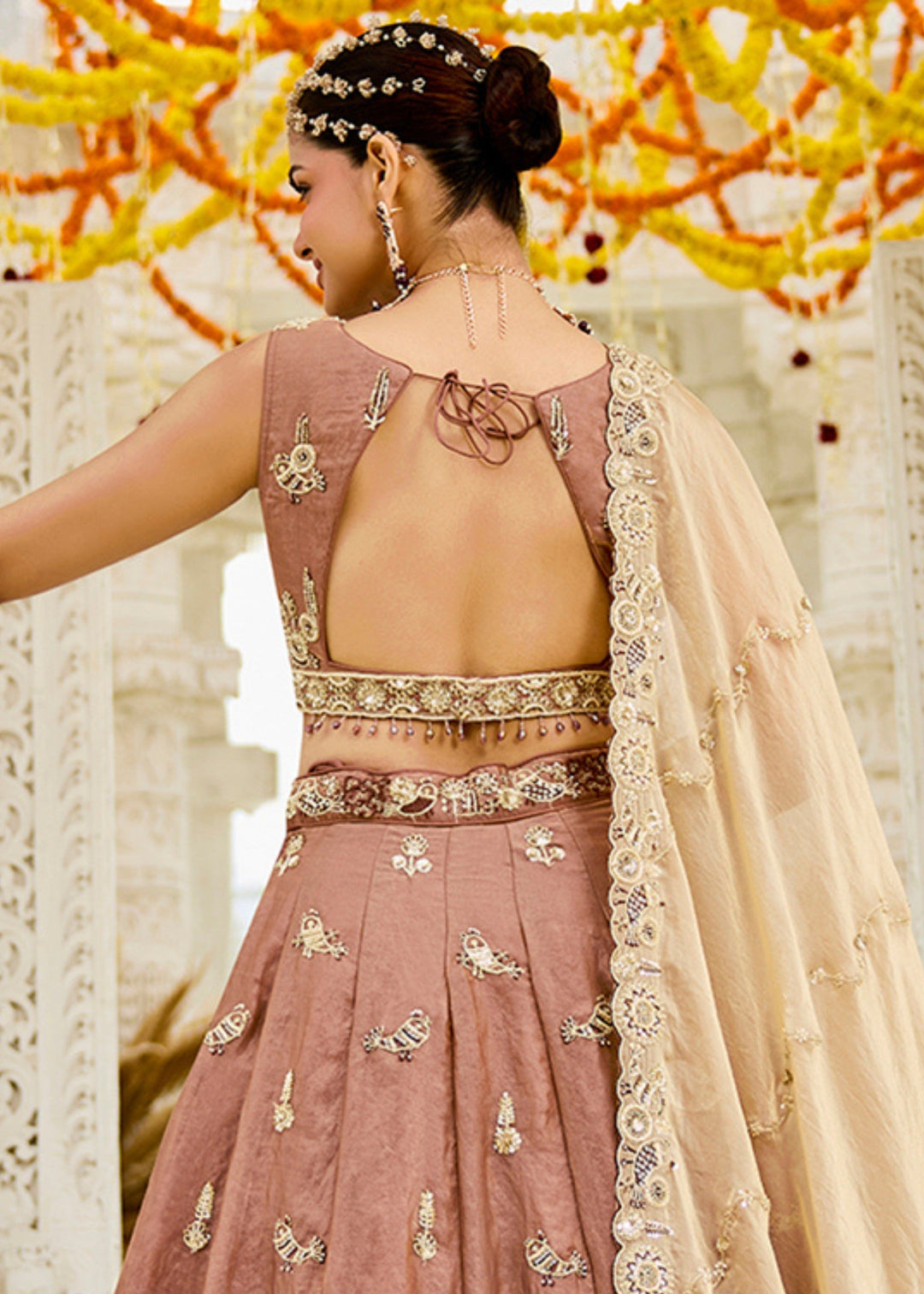 Beige Tissue Lehenga Choli with Beads & Sequince Embroidered