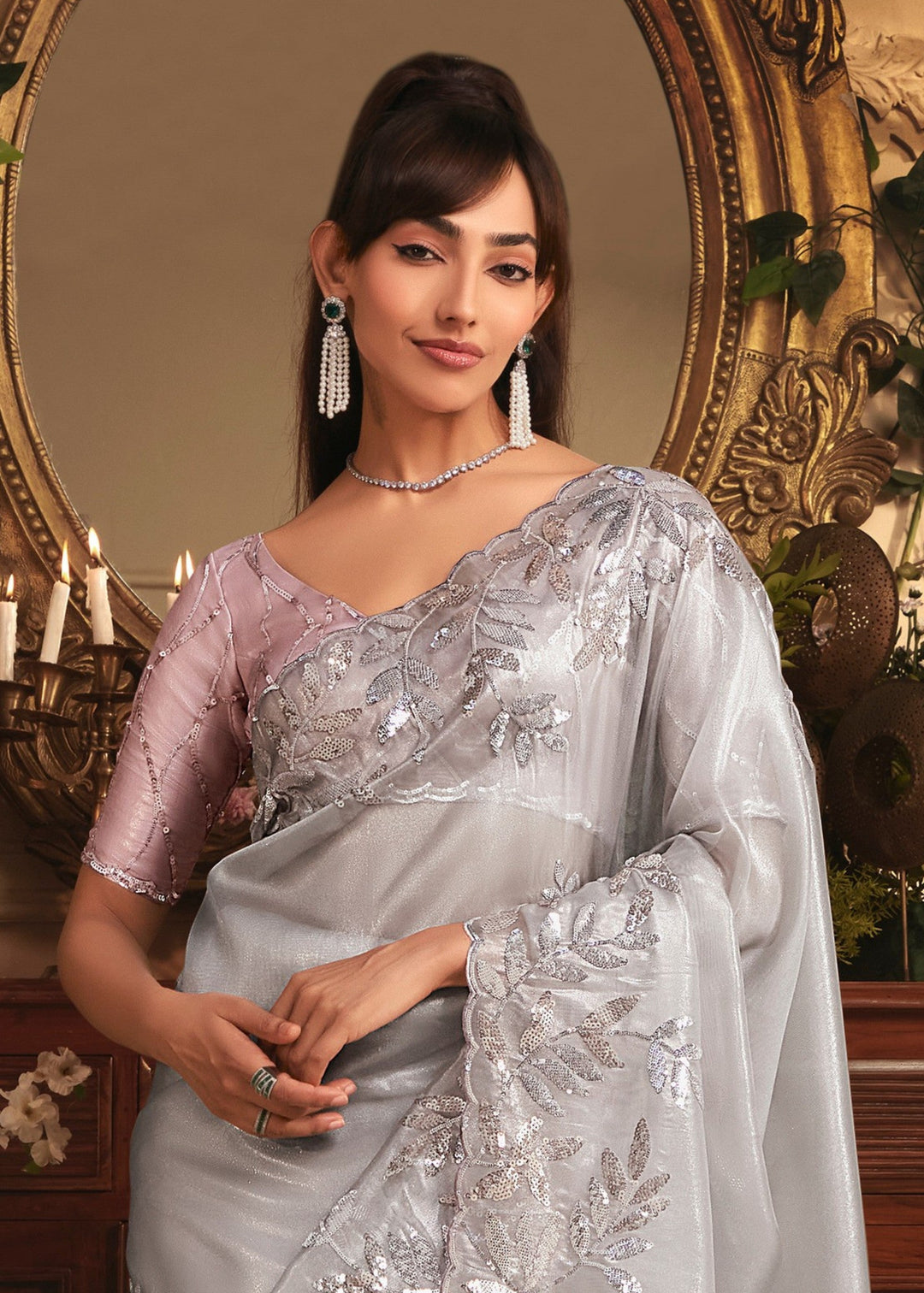 Soft Grey Tissue Organza Silk Saree