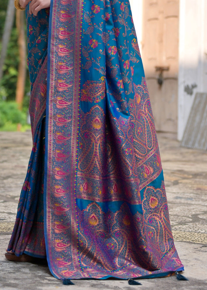 Firozi Thread Woven Jal & Flower Silk Saree With Thread Woven Pallu