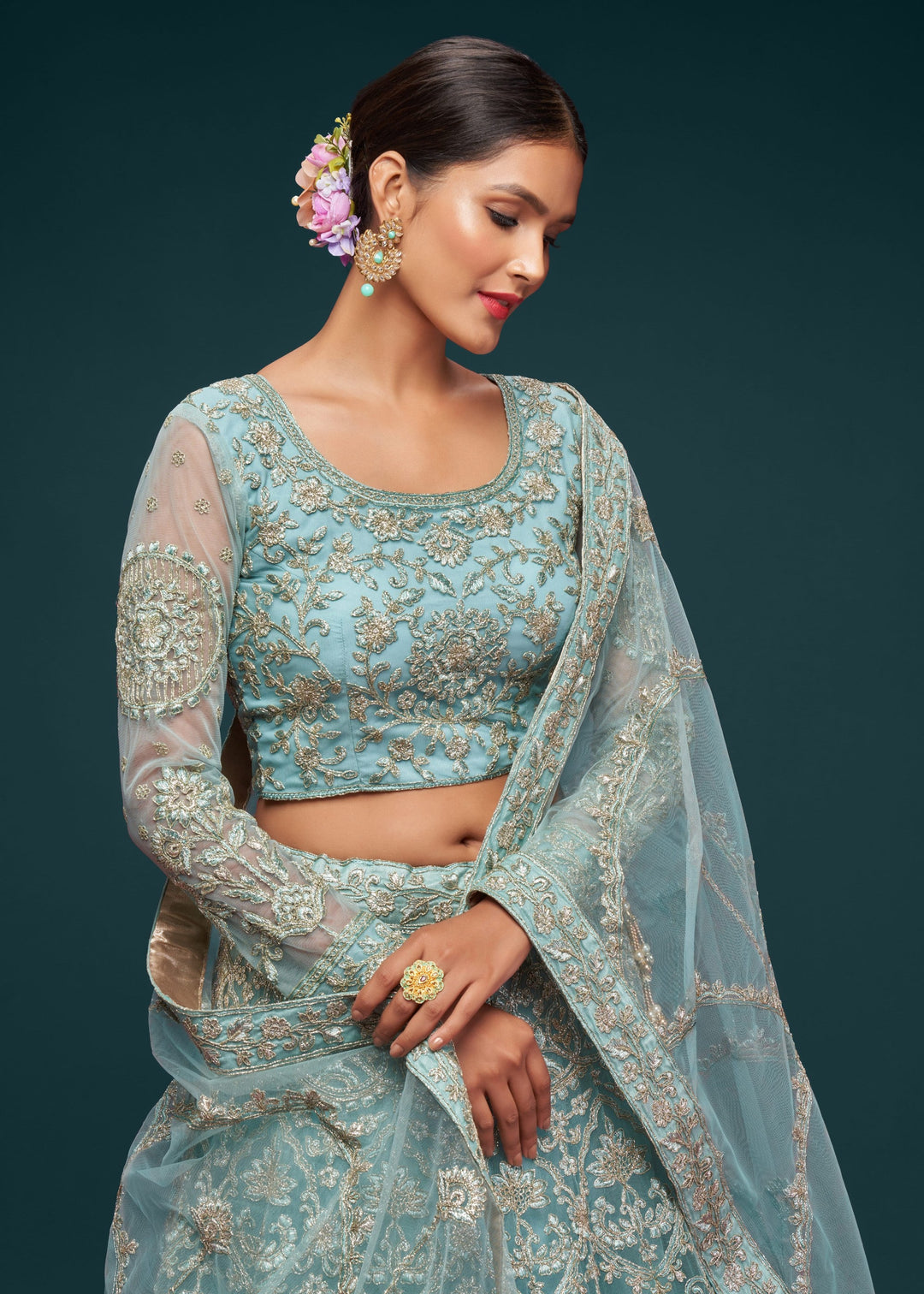 Ocean Aqua Soft Net Lehenga with Thread, Zari, Badla and Glitter Dori Embroidery Work