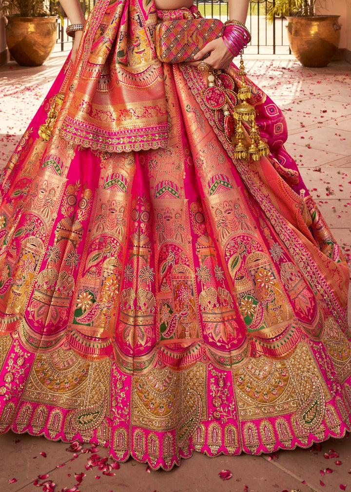 Deep Fuchsia Pink Banarasi Silk Lehenga With Golden Zari Work