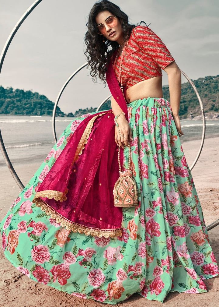 Teal Blue & Green Printed Organza Lehenga