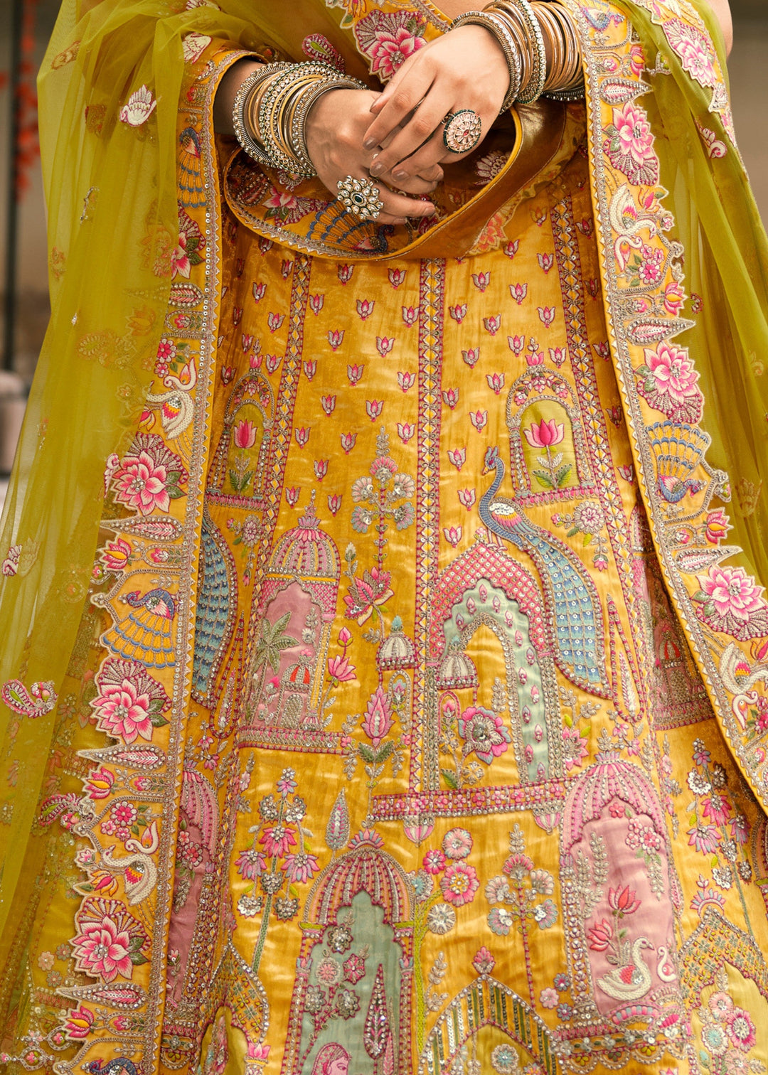 Yellow & Green Fancy Silk Lehenga Choli With Cut Work Embroidery Border & Stone Work