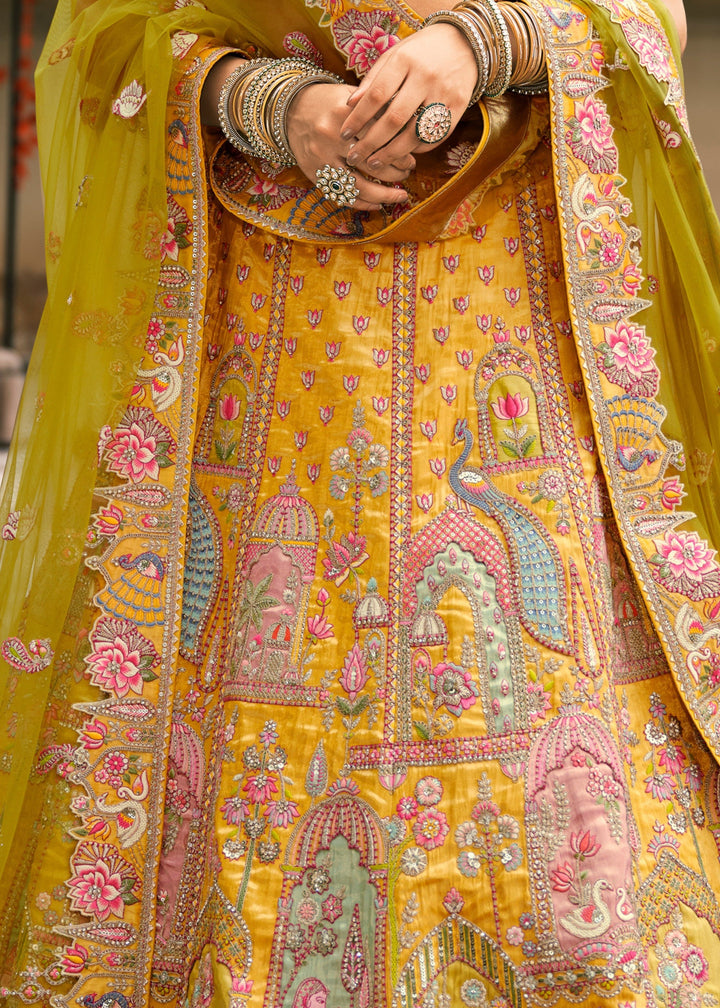 Yellow & Green Fancy Silk Lehenga Choli With Cut Work Embroidery Border & Stone Work