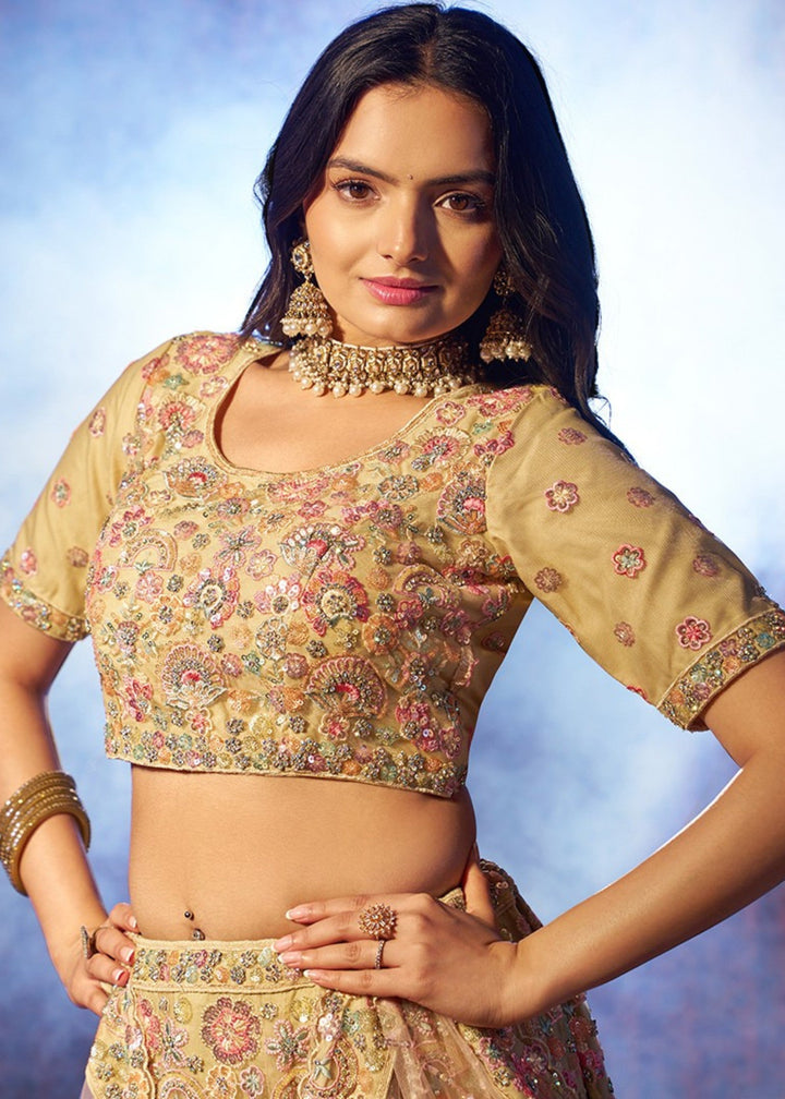 Beige Sequins Thread work Net Lehenga
